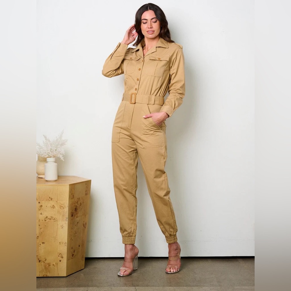 WOMEN'S LONG SLEEVE BUTTON UP POCKETS JOGGER JUMPSUIT